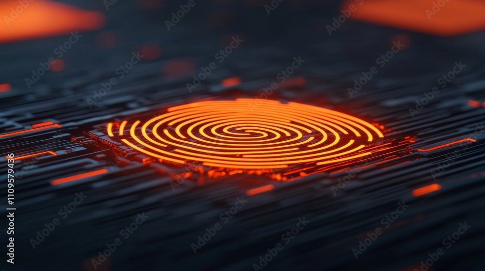 Poster a glowing orange fingerprint pattern on a dark, textured background, creating a futuristic and high-