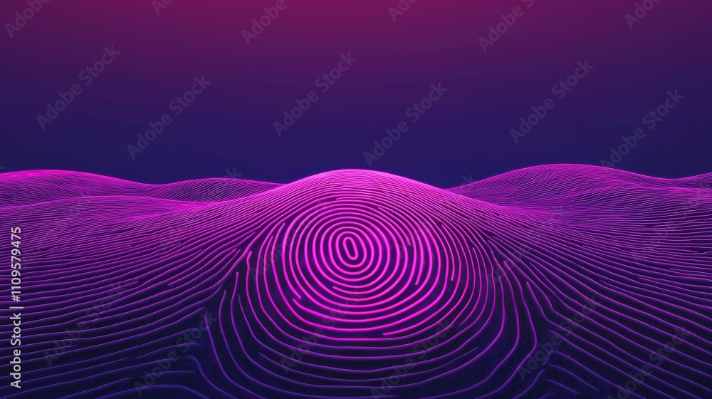 Poster a vibrant, abstract landscape featuring undulating hills with intricate patterns, illuminated in sha