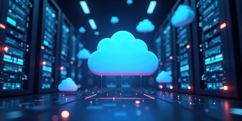Obraz premium A futuristic cloud computing concept, showcasing blue clouds amidst server racks, symbolizing data storage, virtualization, and digital innovation.