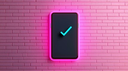 A smartphone with a glowing checkmark is displayed against a pink brick wall, symbolizing confirmation and success in a modern, vibrant setting.