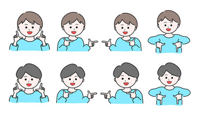 笑顔の男性イラストセット／指をさす／指さし確認／上下左右