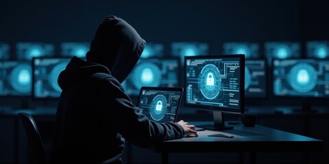 A hooded figure works at multiple screens displaying cybersecurity data, symbolizing hacking and digital security challenges in a tech-driven landscape.