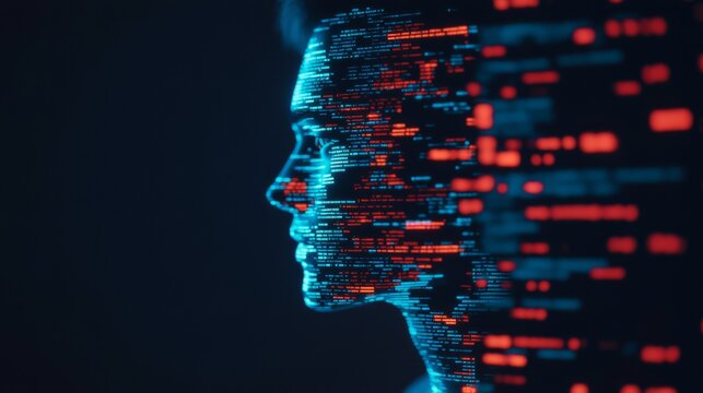 A digital silhouette of a person, overlaid with vibrant blue and red data streams, symbolizes the fusion of technology and human identity.