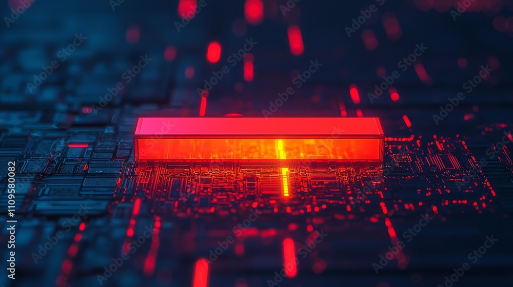 Poster a vibrant close-up of a circuit board illuminated by red lights, showcasing intricate patterns and a