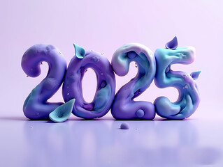 A 3D render of an abstract artistic composition with violet tones. The word '2025&rsquo; is formed by fluid shapes that resemble petals, snow, and air. The shapes are interconnected and have soft edges.