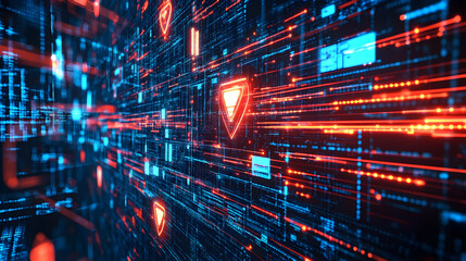 A futuristic data stream with glowing red triangular icons and blue grids, symbolizing secure digital communication and network optimization
