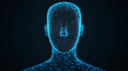 A digital representation of a human head, composed of glowing blue particles against a dark background, suggesting themes of technology and digital identity.