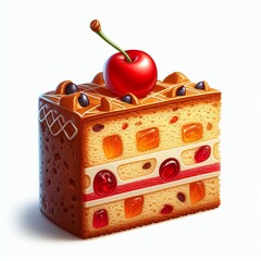 Fruitcake A slice of fruitcake with a cherry on top isolated on