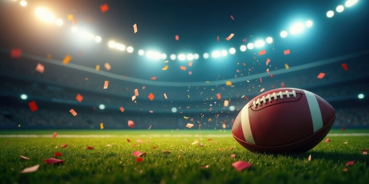 A vibrant football scene showcasing a game ball on the field, illuminated by stadium lights, perfect for sports marketing, event promotion, or fan engagement.
