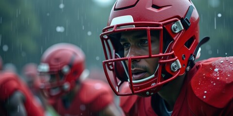 Fototapeta premium A focused football player in a red helmet, poised for action during a rain-soaked practice, showcasing determination and team spirit in sports.