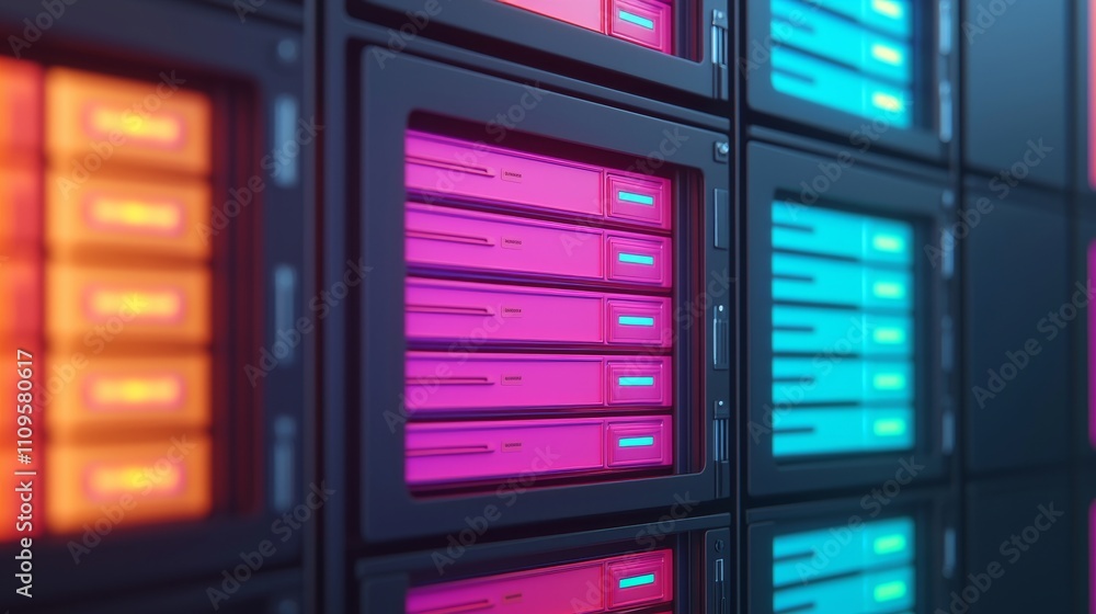 Poster a close-up of colorful server racks showcasing vibrant led indicators, highlighting a modern data st