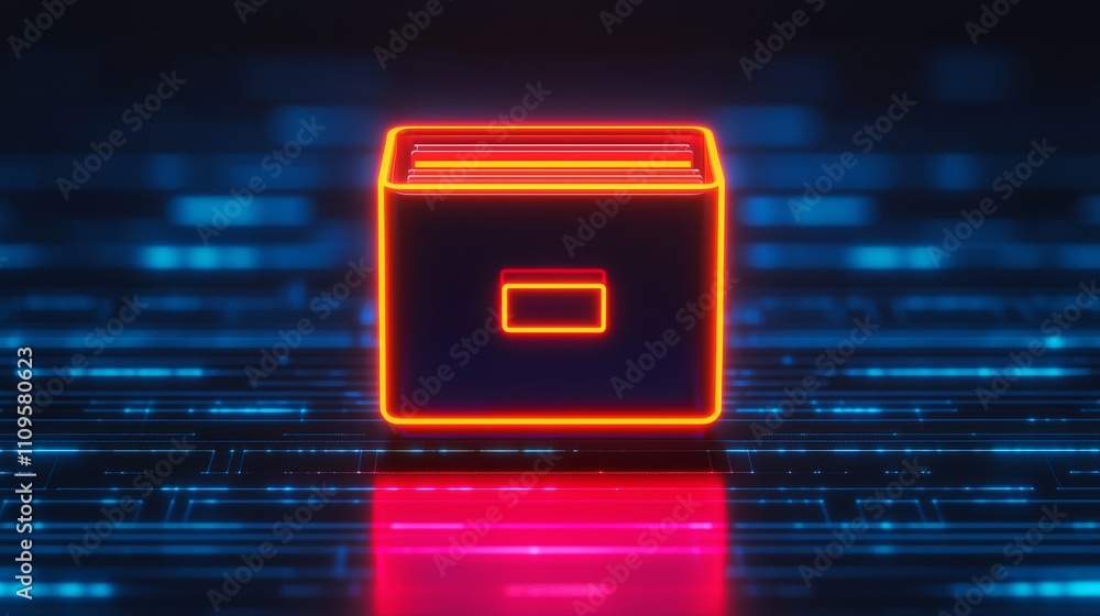 Poster a glowing neon box icon on a digital backdrop, symbolizing data storage and technology.
