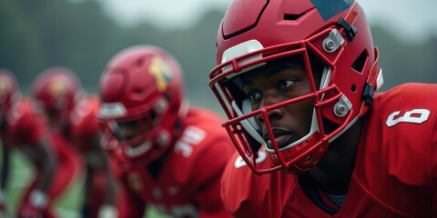 Fototapeta premium A focused football player in a red helmet, showcasing determination and teamwork on the field. Ideal for sports marketing, team promotions, or athletic achievements.