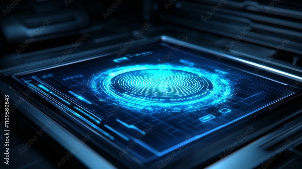 Poster a high-tech interface displays a glowing blue fingerprint pattern, symbolizing advanced biometric id