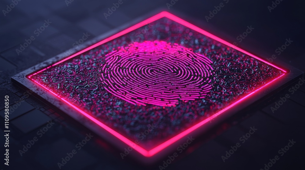 Poster a glowing pink fingerprint pattern set on a textured surface, emphasizing themes of security and tec