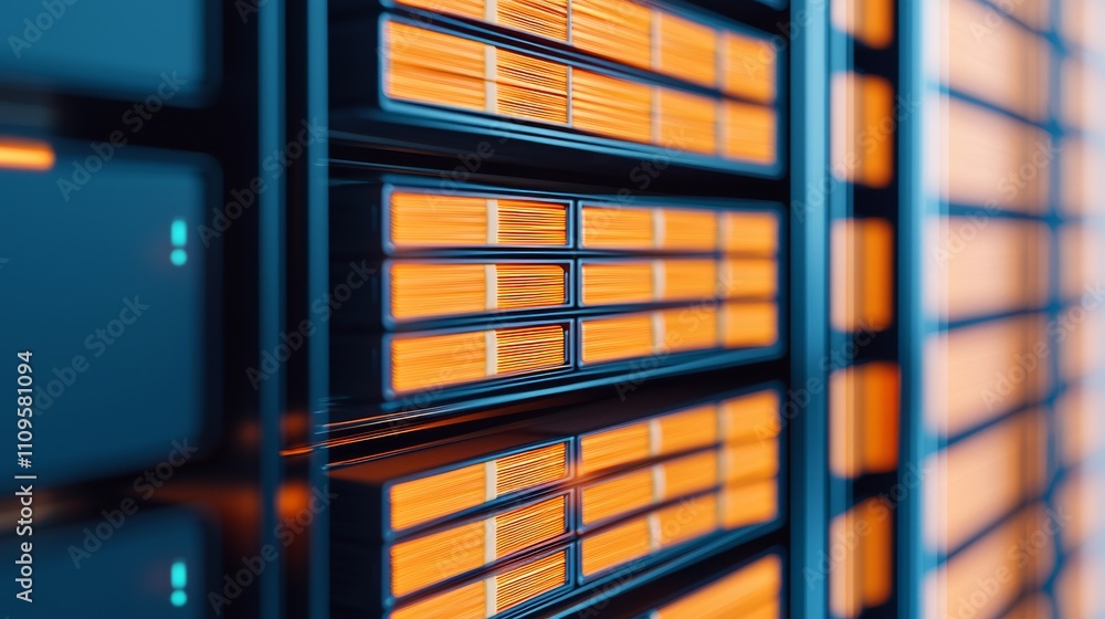 Aufkleber a close-up view of server racks with glowing orange lights, showcasing modern data storage technolog