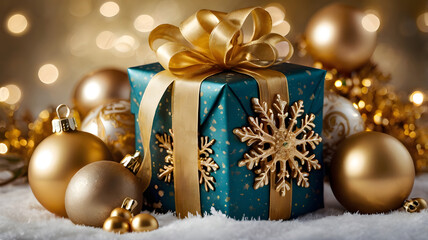 christmas gift box with golden ribbon, ai generated