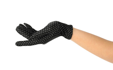 Woman in elegant polka dot glove isolated on white, closeup
