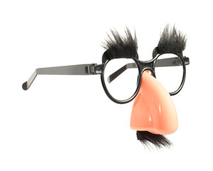 Funny eyeglasses with fake nose, mustache and eyebrows isolated on white