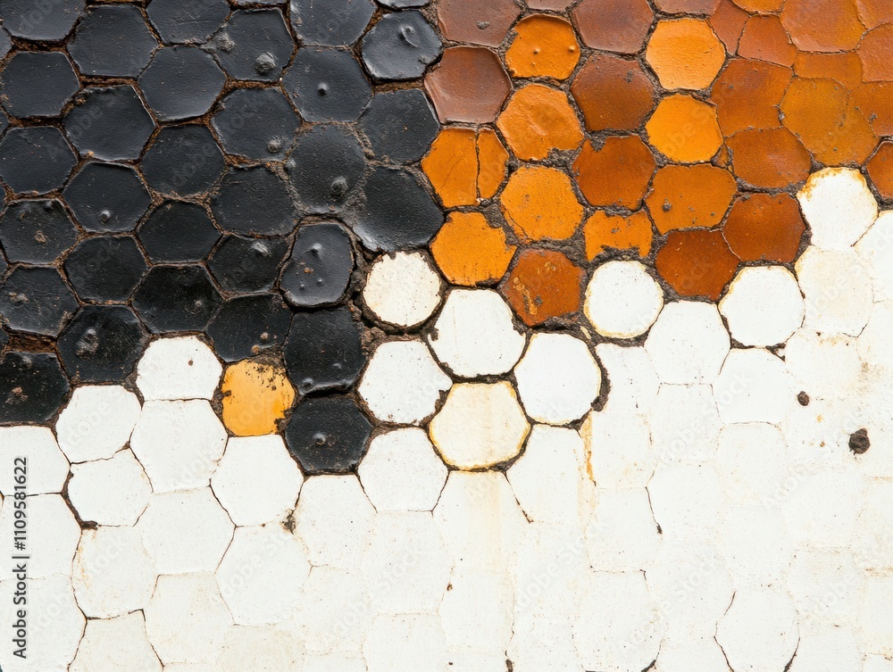 Poster textured mosaic of colorful hexagonal tiles in a pattern of black, orange, and white on a wall with 