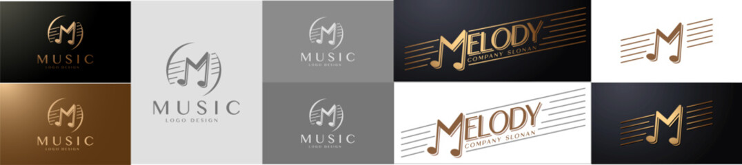 M Music letter logo. Music logo concept with musical notes forms M letter shape. Vector logo, icon, sign and symbol design. 
