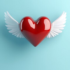 Elegant Red Heart with Pristine White Wings Against Peaceful Blue Horizon,平和な青い地平線に映えるエレガントな赤いハートと清らかな白い翼.Generative AI