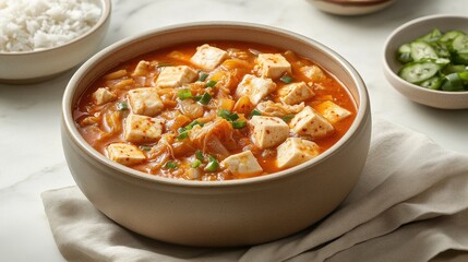 Delicious spicy tofu stew preparation kitchen food cozy environment close-up view comforting meal ideas