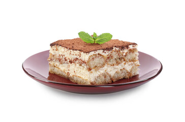 Delicious tiramisu with mint isolated on white
