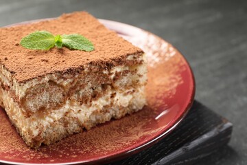 Delicious tiramisu with mint on dark table, closeup