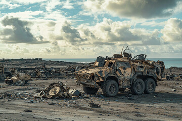 Abandoned military vehicle on a desolate beach landscape
