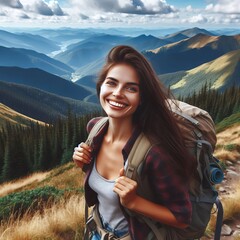 Hiking Happiness A woman in her s hikes up a mountain trail smil