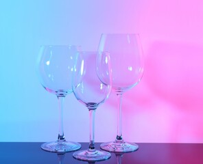 Empty glasses on table against color background