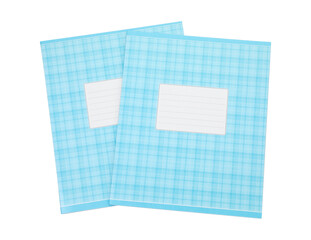 Blue copybooks isolated on white, top view. School stationery