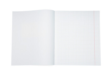 Fototapeta premium One open copybook isolated on white, top view. School stationery