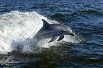 Fototapeta premium Dolphin leaping from ocean waves on a sunny day