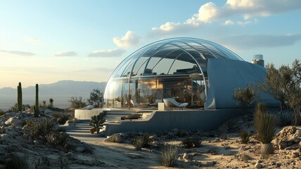 A futuristic dome-shaped home with a glass structure, surrounded by a desert landscape, against a backdrop of mountains and a sky with soft clouds.