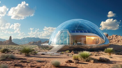 A futuristic glass dome house in a desert landscape, blending modern architecture with natural surroundings under a bright blue sky.