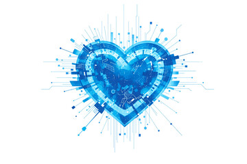A neon heart glowing in vibrant blue, surrounded by floating technological elements on a white background