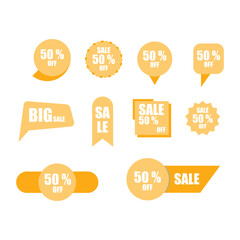 Various Bright Sale Labels Highlighting 50% Off Discounts