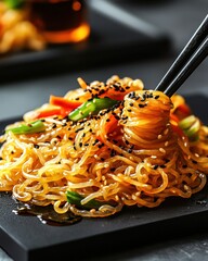 Delicious noodles dish asian cuisine food restaurant setting close-up view culinary art
