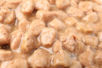 Pieces of wet pet food as background, closeup