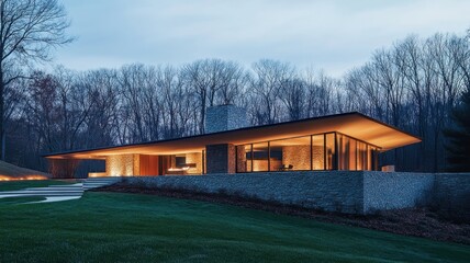 Obraz premium A modern house with large glass windows, set against a forest backdrop, illuminated in the evening, showcasing contemporary architecture and serene surroundings.