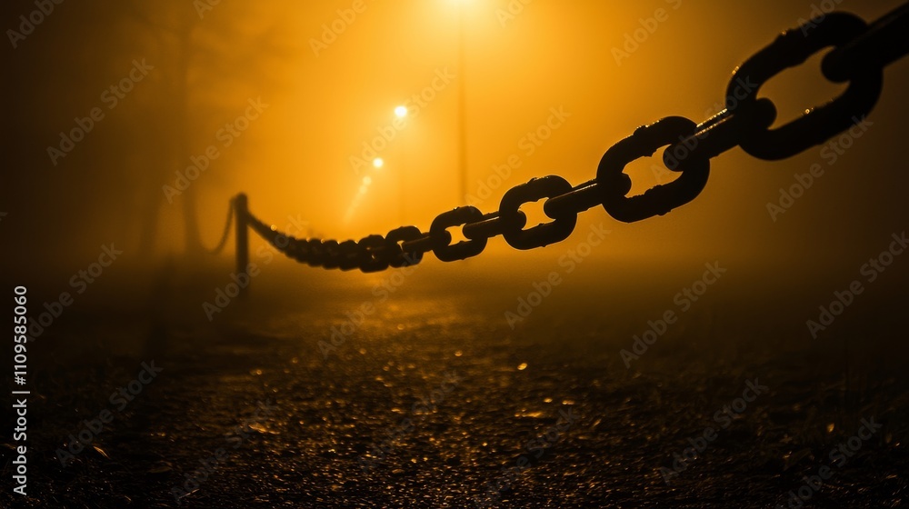 Poster a moody scene featuring a chain in fog, illuminated by eerie streetlights, creating a mysterious and