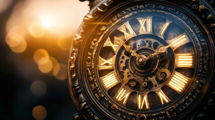 Fototapeta premium An intricately designed vintage clock with Roman numerals, illuminated by warm sunlight, highlighting its craftsmanship against a blurred background.
