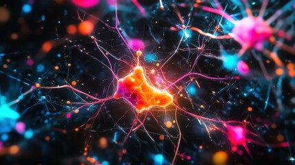 Fototapeta premium A vibrant depiction of interconnected neurons, showcasing colorful synapses and highlighting the intricate complexity of the nervous system.