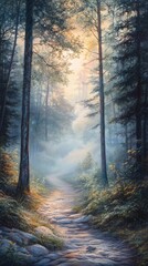 Obraz premium Misty Morning Forest Path, enchanting trail shrouded in fog, lush greenery surrounding, inviting exploration and a serene connection with nature's tranquility