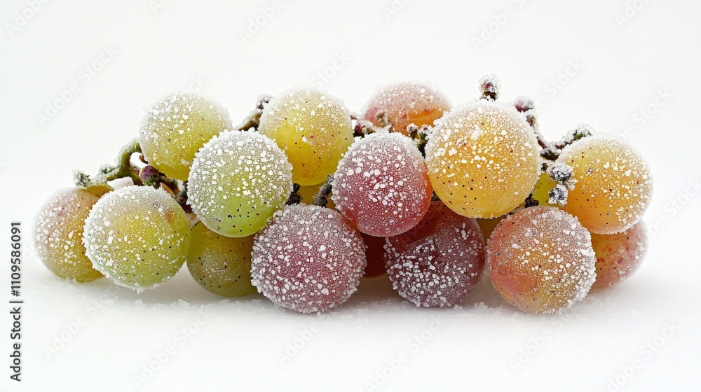 Poster a cluster of colorful grapes dusted with fine sugar, showcasing a fresh and appealing look on a ligh