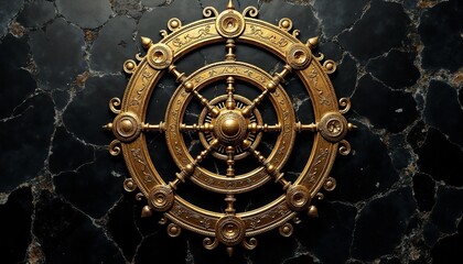 Obraz premium Intricate golden wheel with ornamental details on dark stone. Decorative circular element with gold patterns and radial design. Radiant golden symmetry on textured dark backdrop