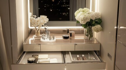 Modern Vanity with White Flowers and Open Drawers