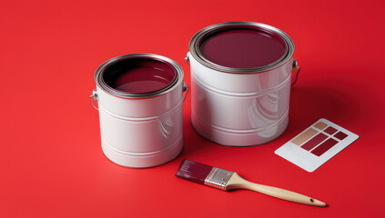 Red Paint Cans and and a color palette card on Bright Red Background Scene